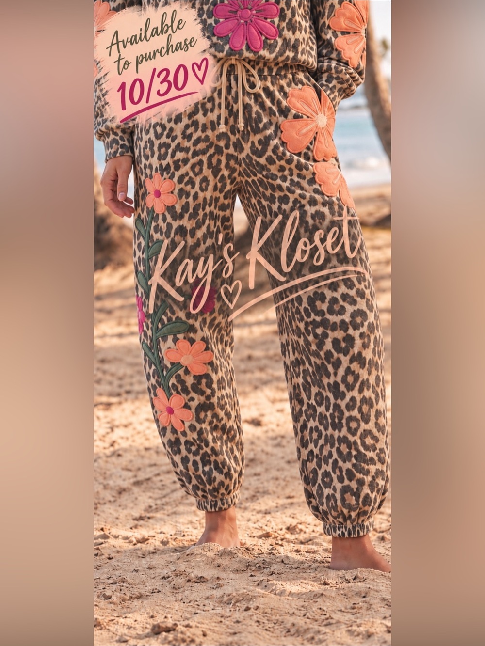 BF92–(ETA 10/30)🤎🖤🧡🩷 Leopard Print Joggers with Peach/Plum Floral Appliqué -